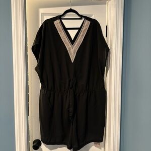 Black V-Neck Romper with Lace Trim